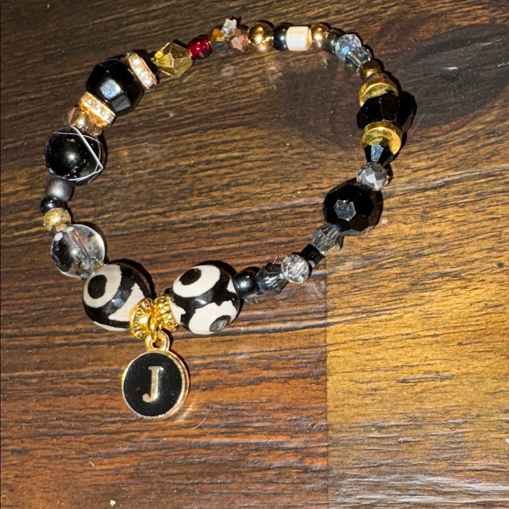 Black and Gold Beaded Bracelet with “J” Initial Charm by Sassy Charmer
